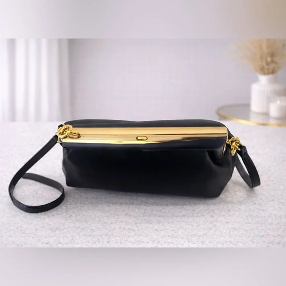 Black Designer-Inspired Crossbody Handbag | Gold Frame Clutch Purse - Picture 4 of 6